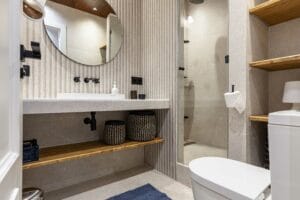 Bathroom interior design sink mirror shower cabin toilet