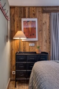 Megeve chalet apartment bedroom Trademark living dresser Zara lamp