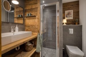 Megeve apartment bathroom chalet shower cabin recycled wood
