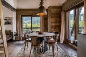 Megeve chalet dining room living room kitchen area