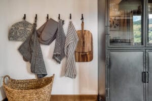 Megeve chalet kitchen area cabinet tea towel lard boards